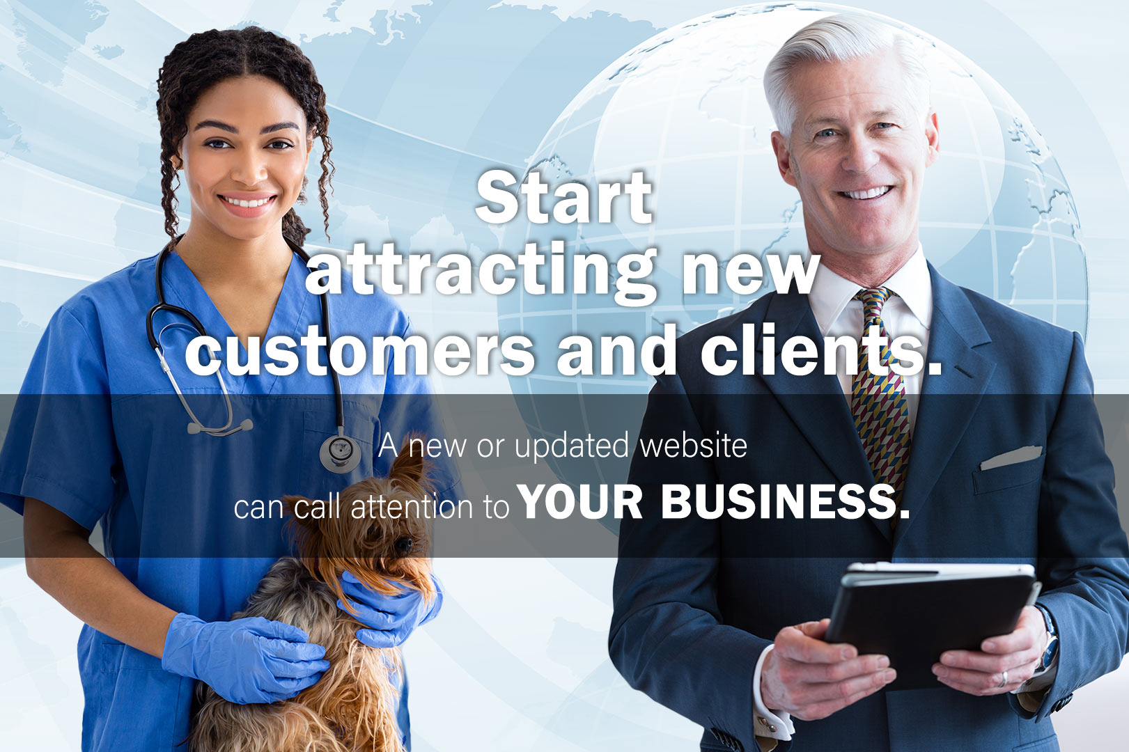 smiling businessman holding tablet and notepad saying to start attracting new customers and clients-a new or updated website can call attention to your business