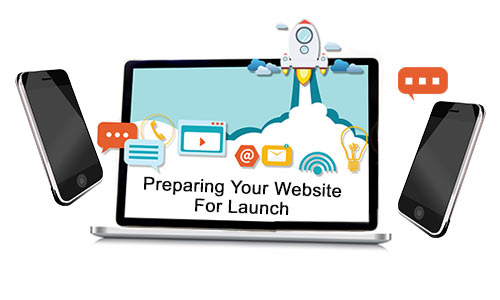 rocket on website page launching with mobile phones on each side representing mobile website