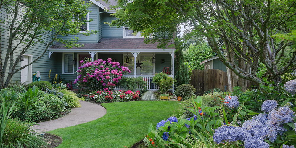 beautiful house with manicured lawn has ball, plastic, and ladder in front yard